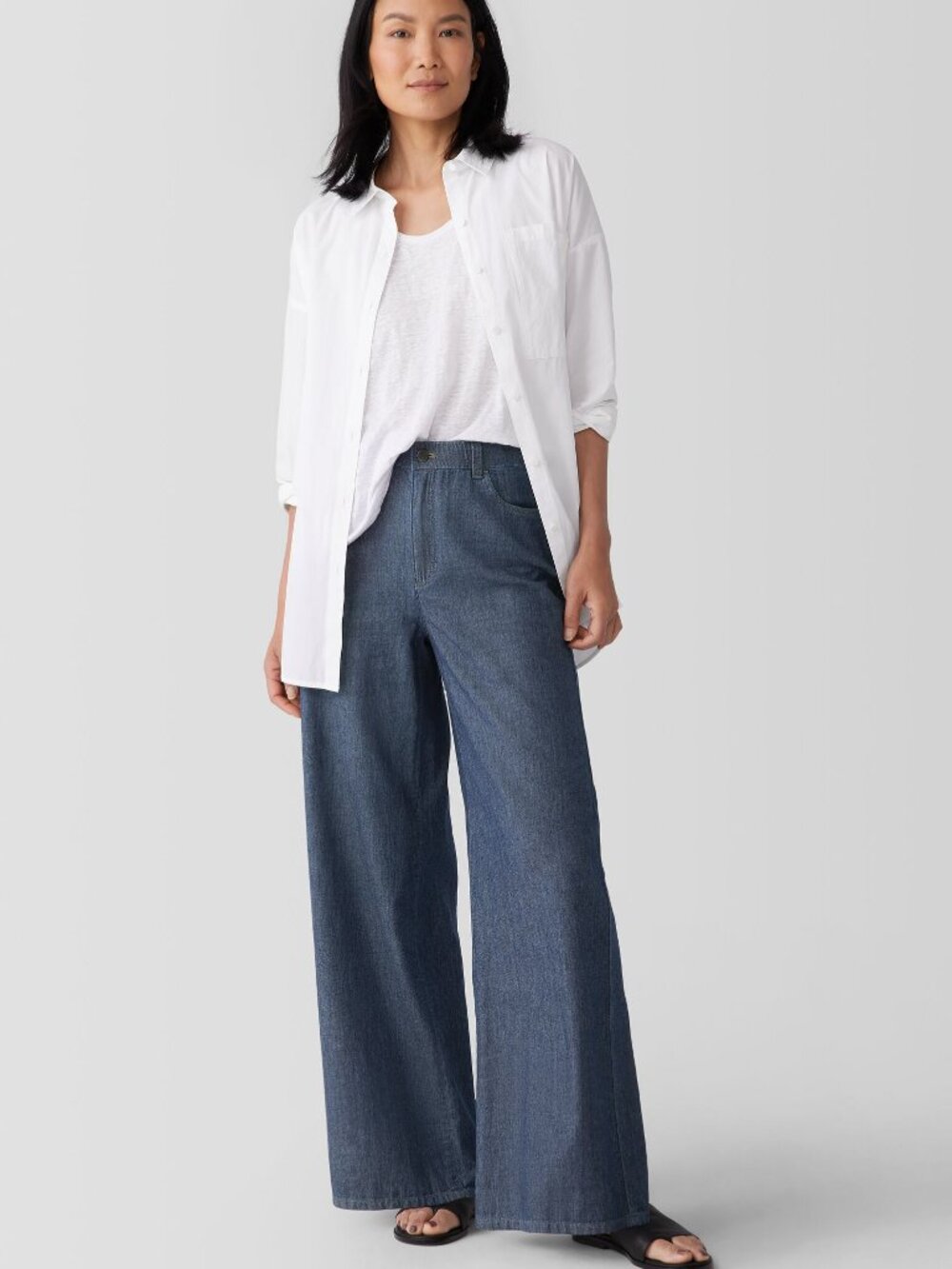 NWT EILEEN FISHER Airy Organic Cotton Twill Wide Trouser Pant Denim Blue MEDIUM